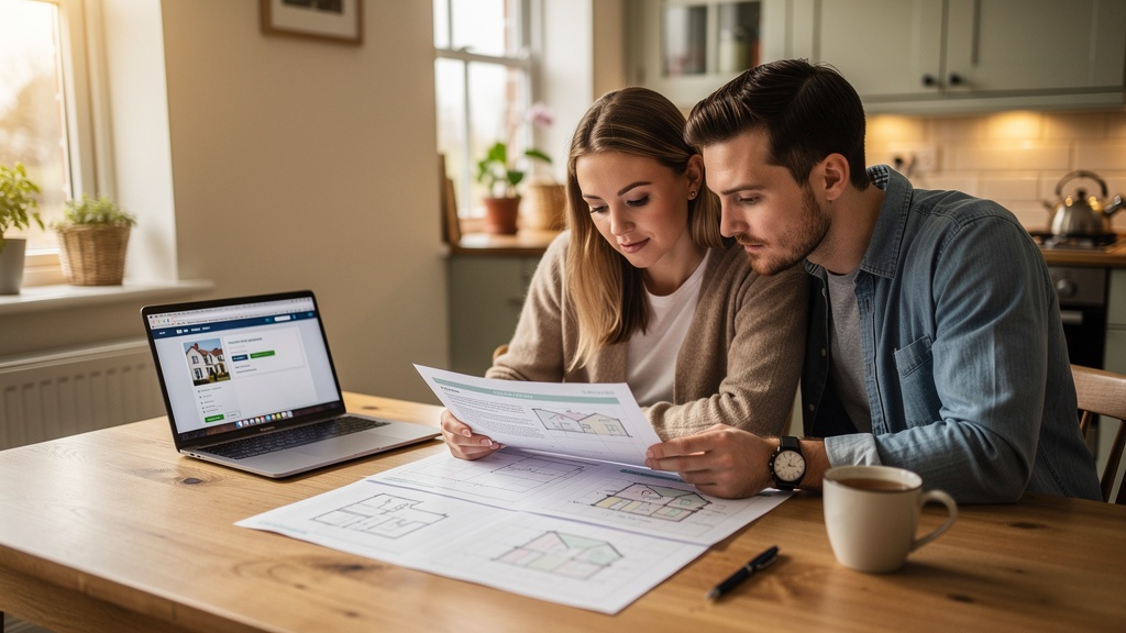 Couple reviewing RICS survey report documents at kitchen table