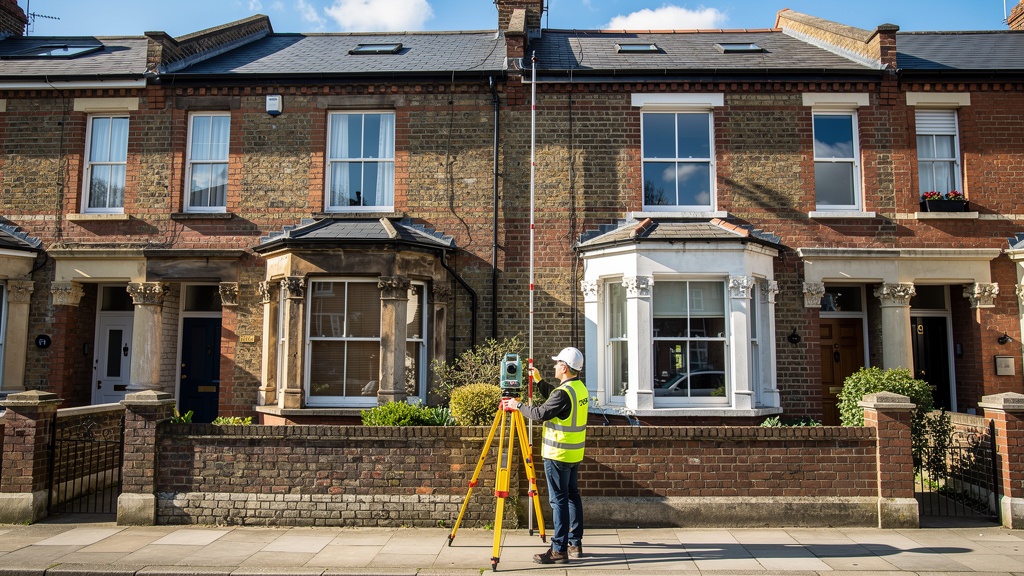 Professional surveyor measuring party wall between two semi-detached homes in Surrey