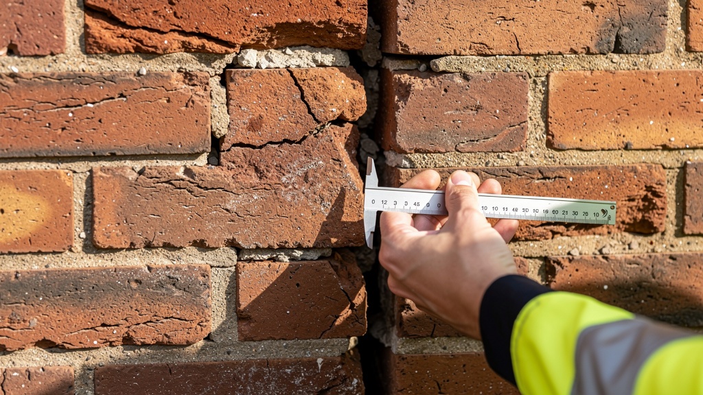 Close-up of structural crack in traditional brick wall being assessed by surveyor